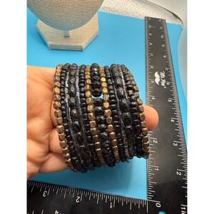 Boho Black and Bronze Beaded Multi Strand Memory Wire Cuff Bracelet Wide Wrap